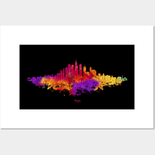 Chicago City Skyline - Colorful Watercolor silhouette on Black Background Posters and Art